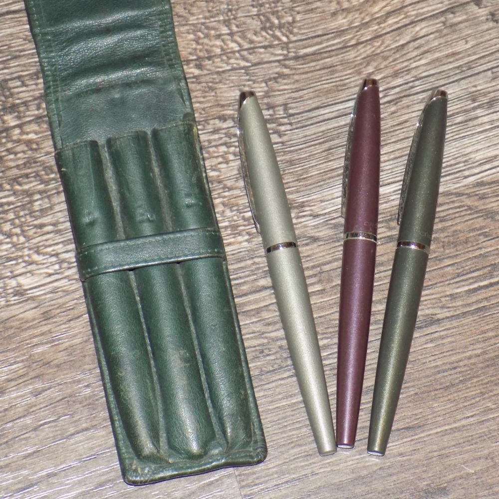 Cross Pen Set 3 Piece Rollerball Fountain Pens Green Leather Case Good Condition - Picture 3 of 8